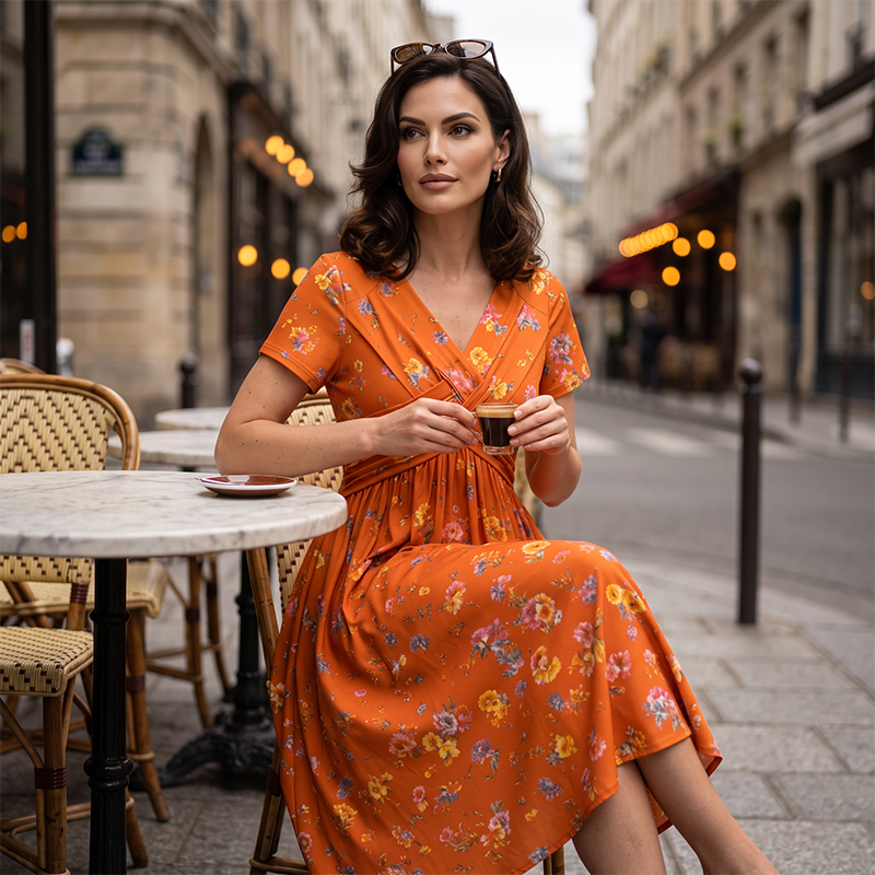 Women’s V-Neck Floral Print Dress – Twist Waist & Flattering Fit