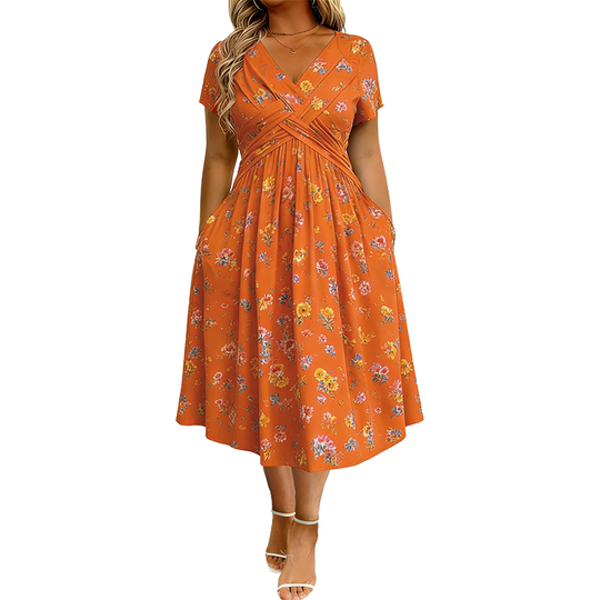 Women’s V-Neck Floral Print Dress – Twist Waist & Flattering Fit