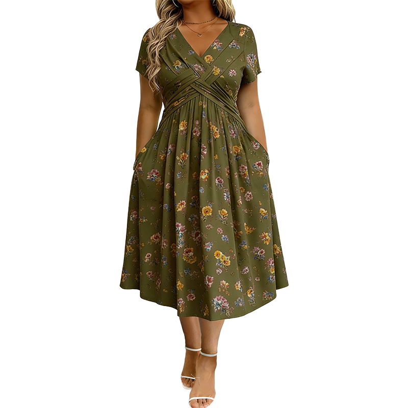 Women’s V-Neck Floral Print Dress – Twist Waist & Flattering Fit