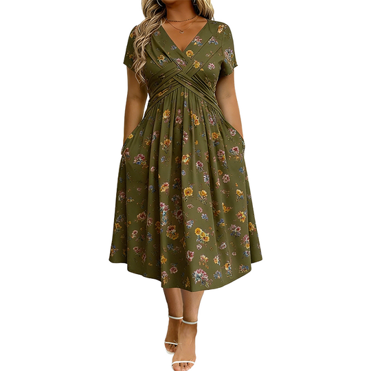 Women’s V-Neck Floral Print Dress – Twist Waist & Flattering Fit