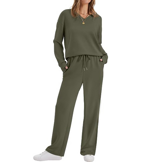 ✨ Effortless Comfort | Women's V-Neck Knit Top & Pants 2-Piece Lounge Set
