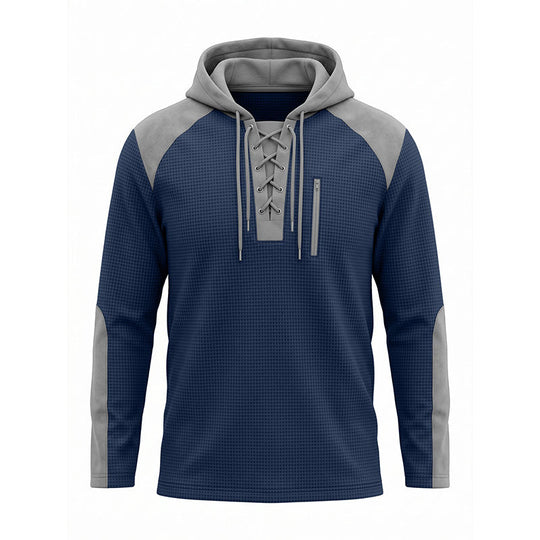 ✨ Elevated Comfort | Men's Waffle-Knit Color-Block Lace-Up Hoodie