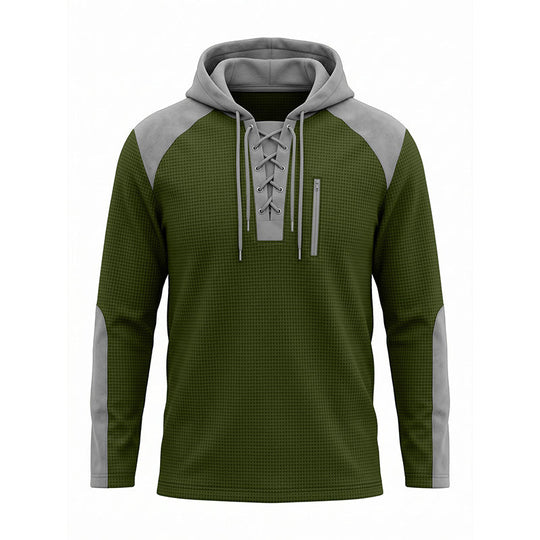 ✨ Elevated Comfort | Men's Waffle-Knit Color-Block Lace-Up Hoodie