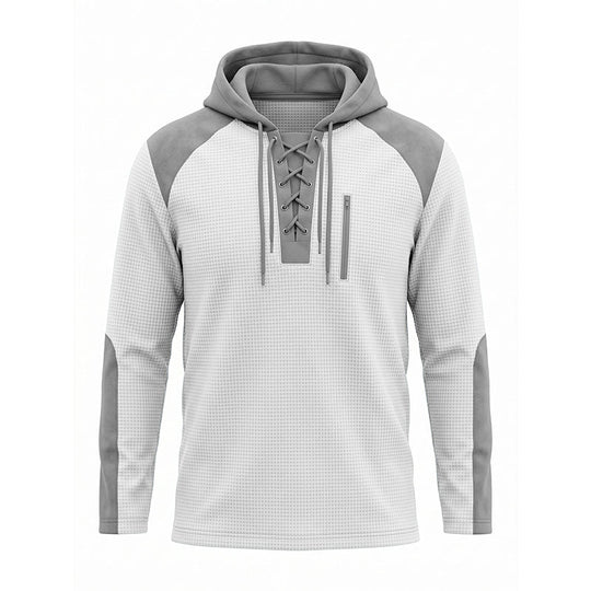 ✨ Elevated Comfort | Men's Waffle-Knit Color-Block Lace-Up Hoodie