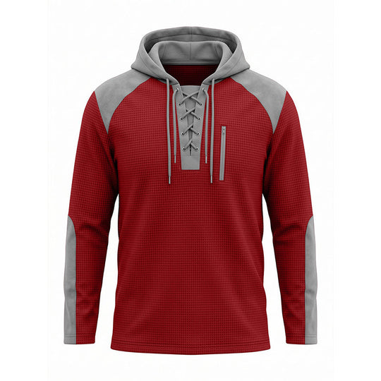 ✨ Elevated Comfort | Men's Waffle-Knit Color-Block Lace-Up Hoodie