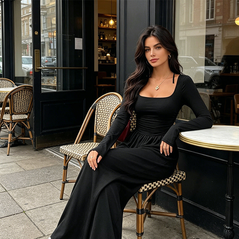 ✨ Flattering Elegance | Women's Square-Neck Ruched-Waist Wide-Leg Jumpsuit