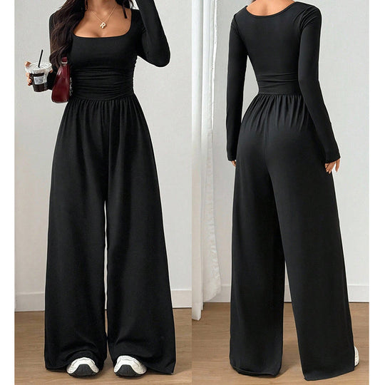 ✨ Flattering Elegance | Women's Square-Neck Ruched-Waist Wide-Leg Jumpsuit