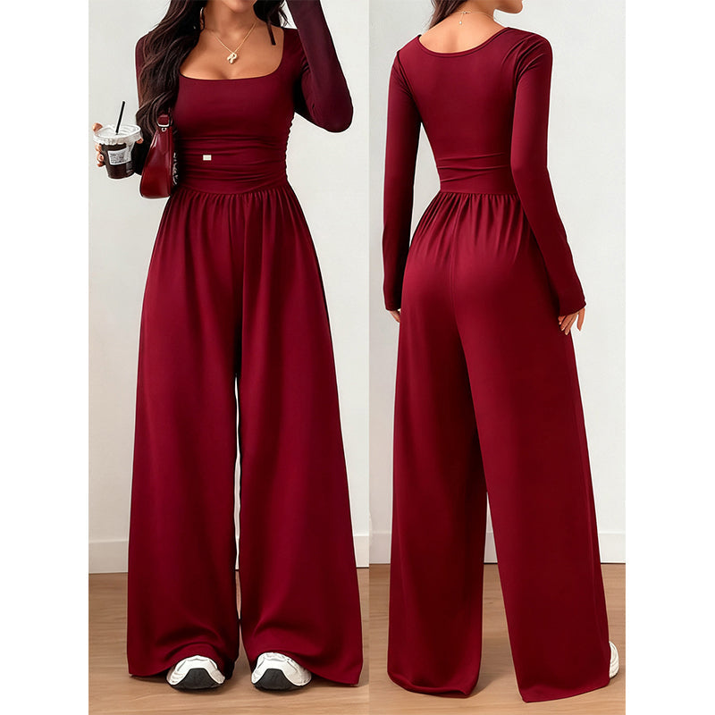 ✨ Flattering Elegance | Women's Square-Neck Ruched-Waist Wide-Leg Jumpsuit