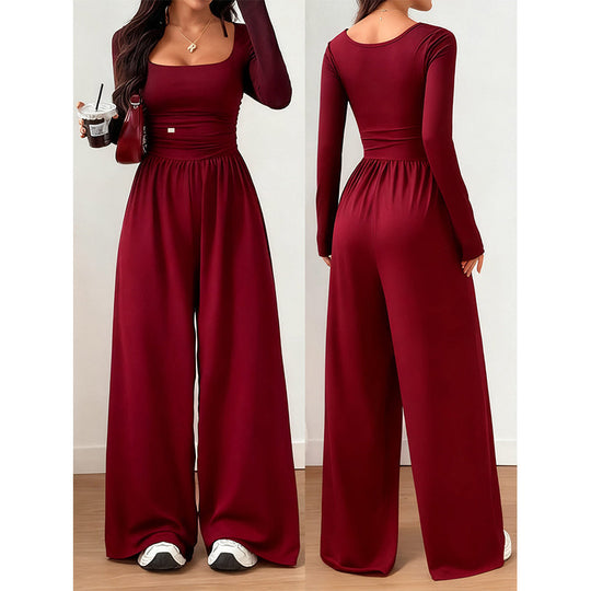 ✨ Flattering Elegance | Women's Square-Neck Ruched-Waist Wide-Leg Jumpsuit
