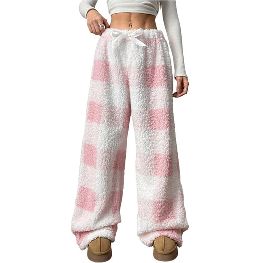 ☁️ Cozy Everyday Comfort | Women's Plush Plaid Wide-Leg Pants