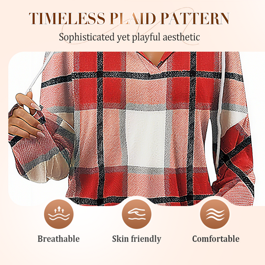 🍂 Easy Everyday Comfort 👚Women's Plaid Hooded Long Sleeve Drawstring V Neck Shirts