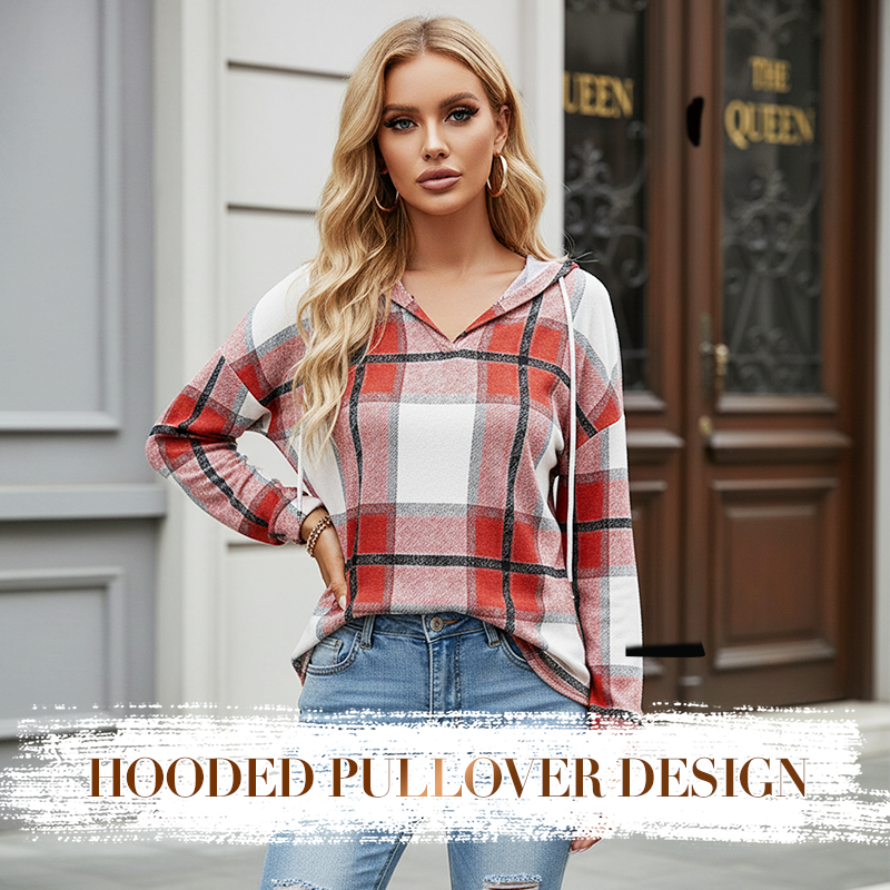 🍂 Easy Everyday Comfort 👚Women's Plaid Hooded Long Sleeve Drawstring V Neck Shirts