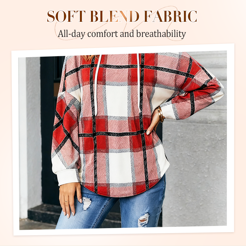 🍂 Easy Everyday Comfort 👚Women's Plaid Hooded Long Sleeve Drawstring V Neck Shirts