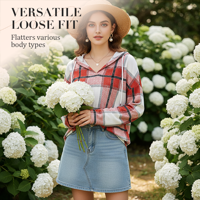 🍂 Easy Everyday Comfort 👚Women's Plaid Hooded Long Sleeve Drawstring V Neck Shirts