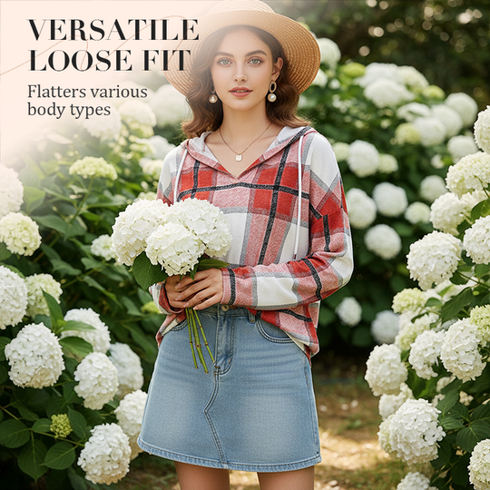 🍂 Easy Everyday Comfort 👚Women's Plaid Hooded Long Sleeve Drawstring V Neck Shirts