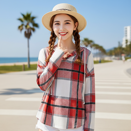 🍂 Easy Everyday Comfort 👚Women's Plaid Hooded Long Sleeve Drawstring V Neck Shirts