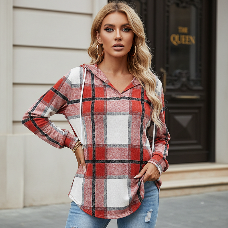 🍂 Easy Everyday Comfort 👚Women's Plaid Hooded Long Sleeve Drawstring V Neck Shirts