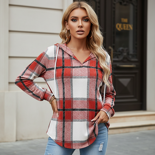 🍂 Easy Everyday Comfort 👚Women's Plaid Hooded Long Sleeve Drawstring V Neck Shirts