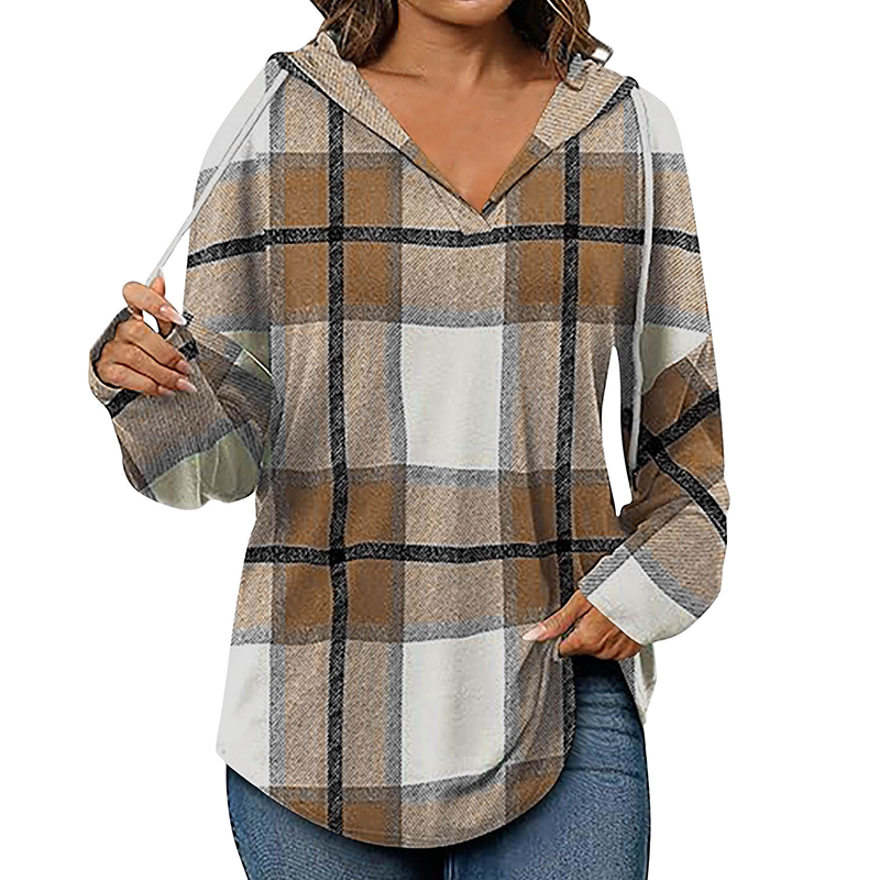 🍂 Easy Everyday Comfort 👚Women's Plaid Hooded Long Sleeve Drawstring V Neck Shirts