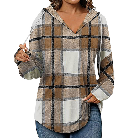 🍂 Easy Everyday Comfort 👚Women's Plaid Hooded Long Sleeve Drawstring V Neck Shirts