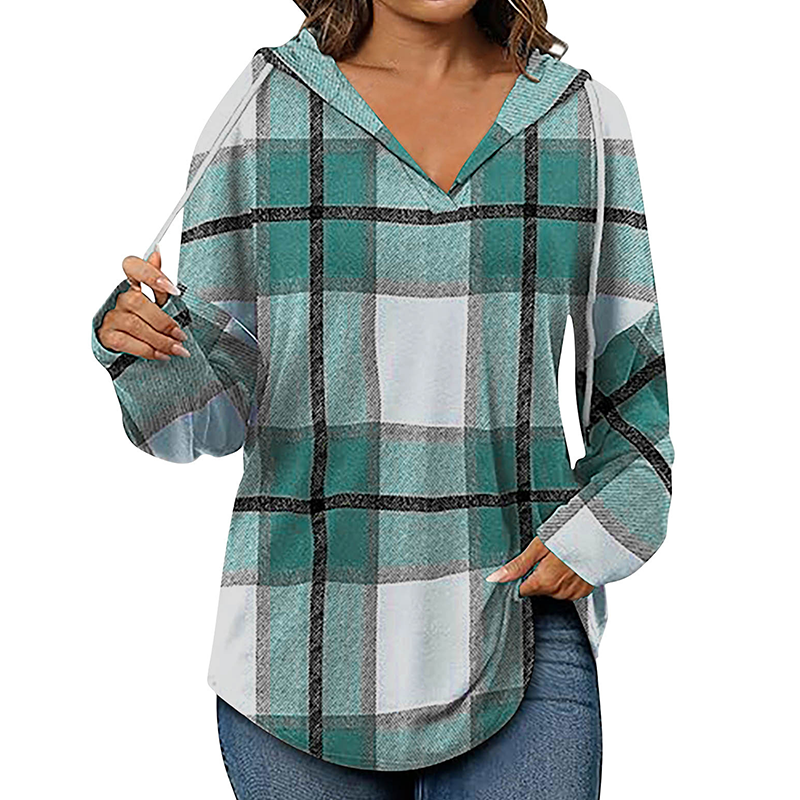 🍂 Easy Everyday Comfort 👚Women's Plaid Hooded Long Sleeve Drawstring V Neck Shirts