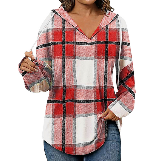 🍂 Easy Everyday Comfort 👚Women's Plaid Hooded Long Sleeve Drawstring V Neck Shirts