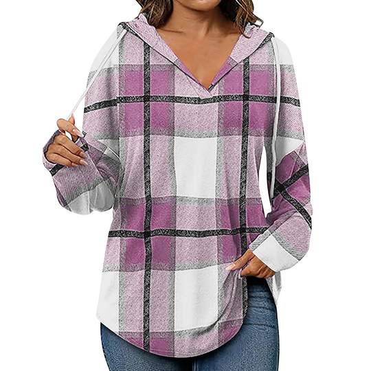 🍂 Easy Everyday Comfort 👚Women's Plaid Hooded Long Sleeve Drawstring V Neck Shirts