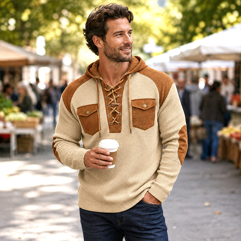 🧶 Rugged Details, Easy Comfort | Men's Waffle-Knit Lace-Up Hooded Sweatshirt
