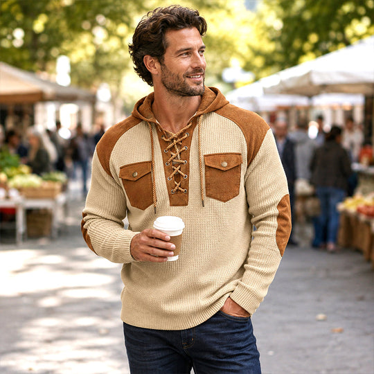 🧶 Rugged Details, Easy Comfort | Men's Waffle-Knit Lace-Up Hooded Sweatshirt