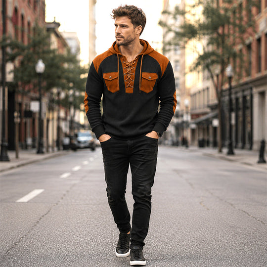 🧶 Rugged Details, Easy Comfort | Men's Waffle-Knit Lace-Up Hooded Sweatshirt