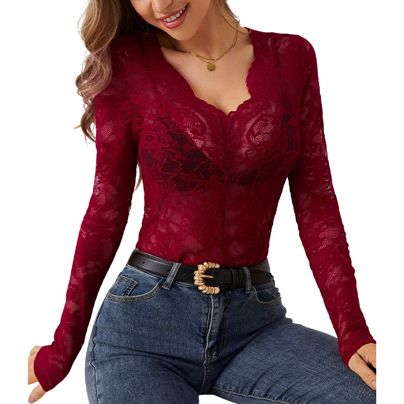 🌸 Feminine Lace Style | Women's Scalloped V-Neck Floral Lace Top