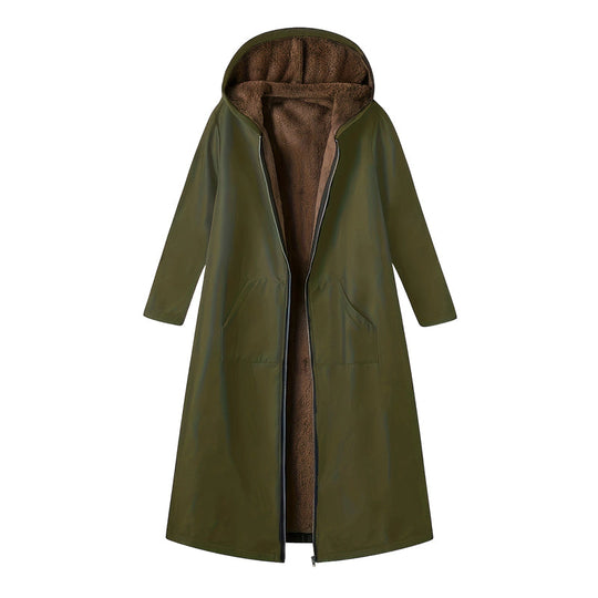 Women’s Vintage Fuzzy-Lined Long Coat With Hood