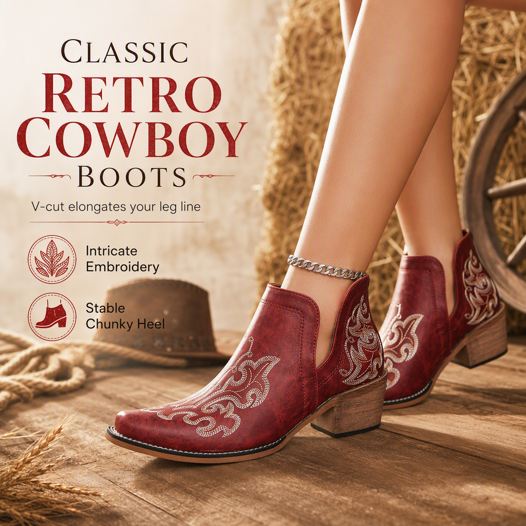 🤠 Western Charm | Women's V-Cut Embroidered Block-Heel Ankle Boots