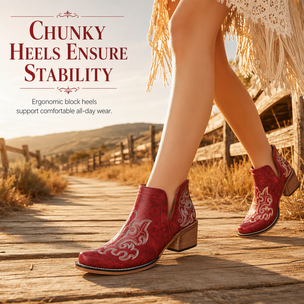 🤠 Western Charm | Women's V-Cut Embroidered Block-Heel Ankle Boots