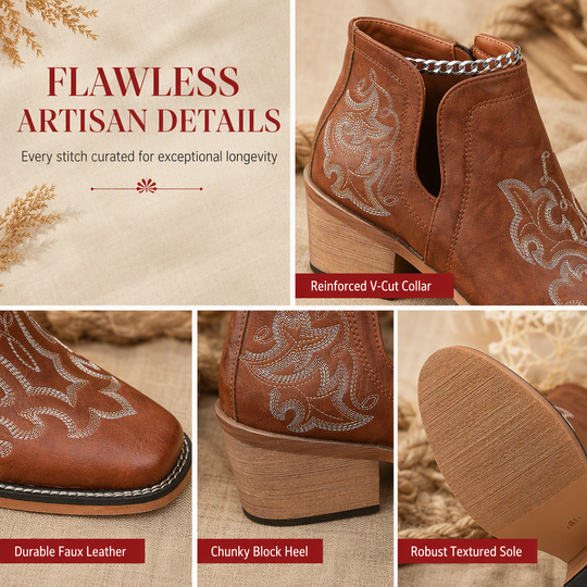 🤠 Western Charm | Women's V-Cut Embroidered Block-Heel Ankle Boots