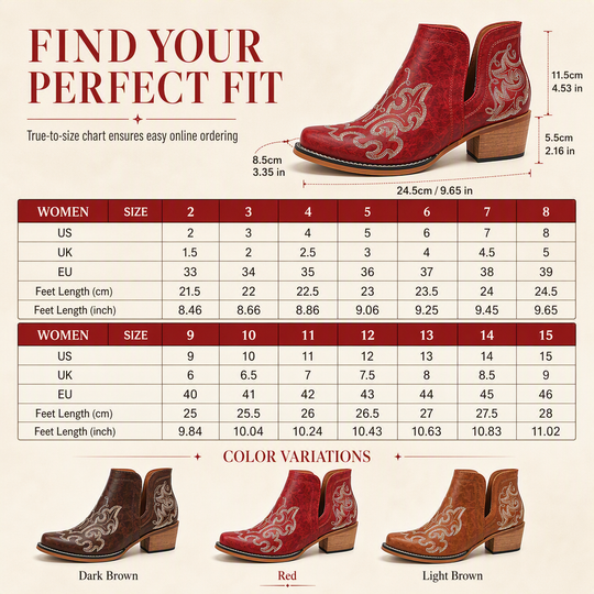 🤠 Western Charm | Women's V-Cut Embroidered Block-Heel Ankle Boots