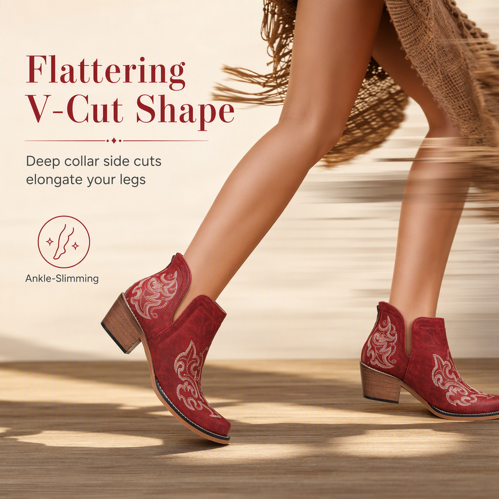 🤠 Western Charm | Women's V-Cut Embroidered Block-Heel Ankle Boots