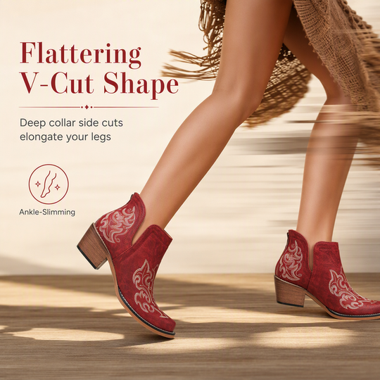 🤠 Western Charm | Women's V-Cut Embroidered Block-Heel Ankle Boots
