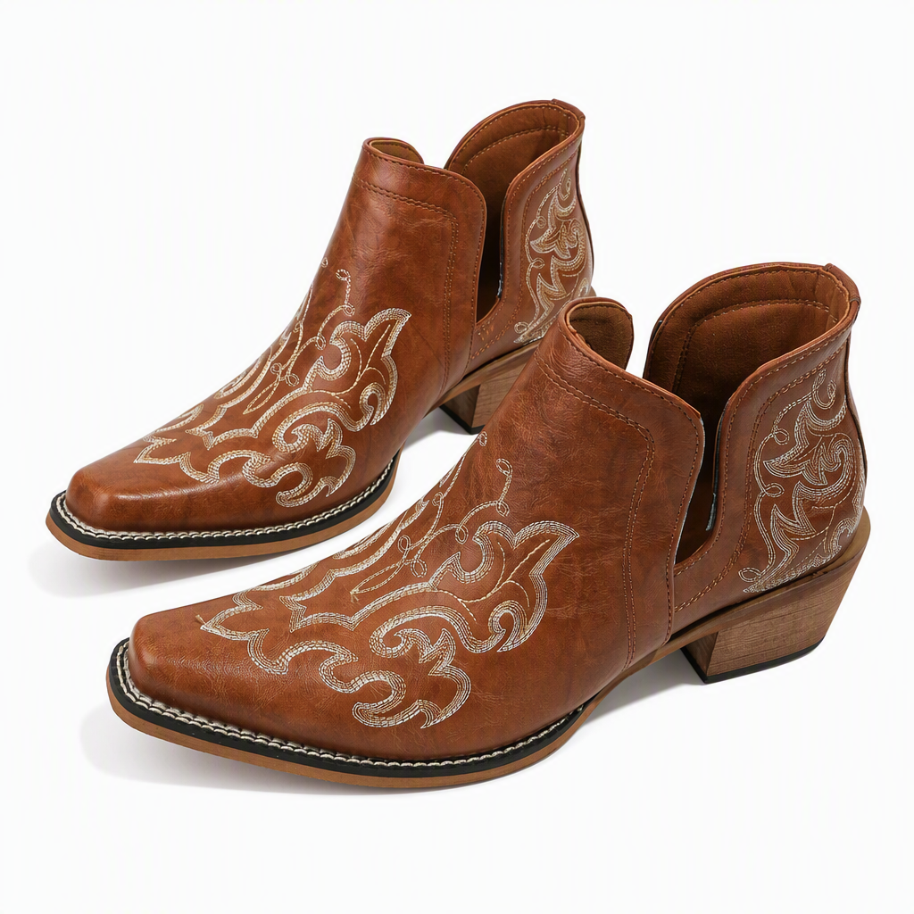 🤠 Western Charm | Women's V-Cut Embroidered Block-Heel Ankle Boots