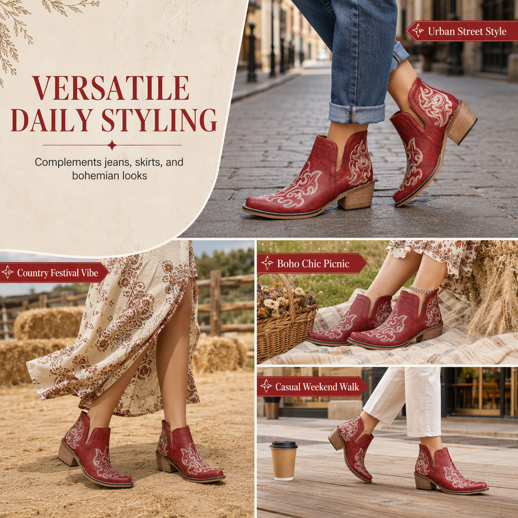 🤠 Western Charm | Women's V-Cut Embroidered Block-Heel Ankle Boots