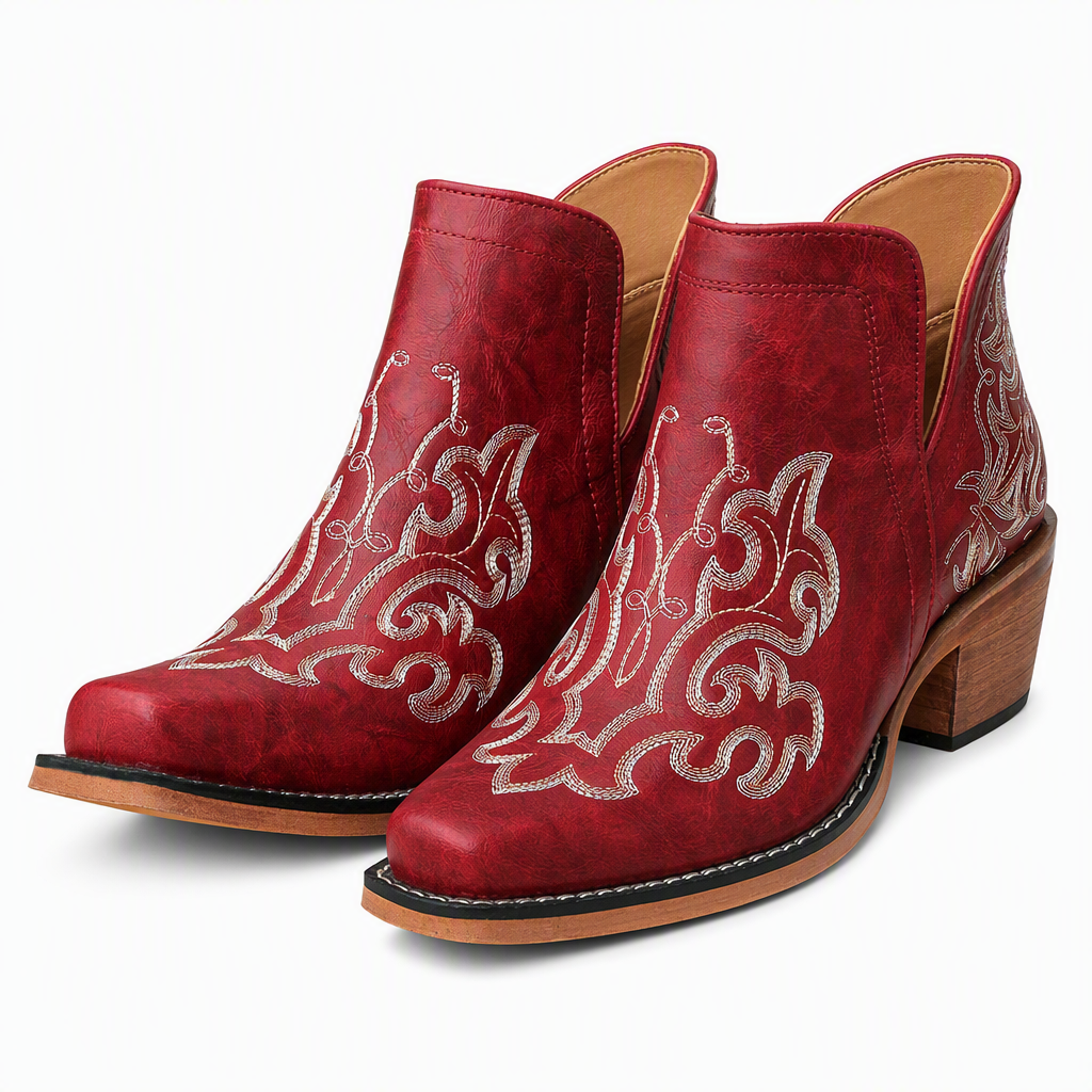 🤠 Western Charm | Women's V-Cut Embroidered Block-Heel Ankle Boots
