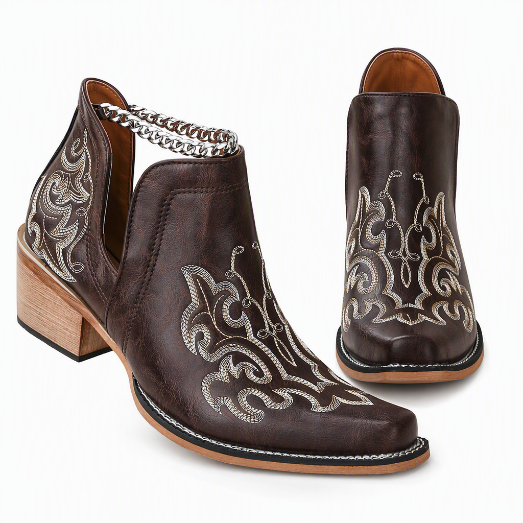 🤠 Western Charm | Women's V-Cut Embroidered Block-Heel Ankle Boots