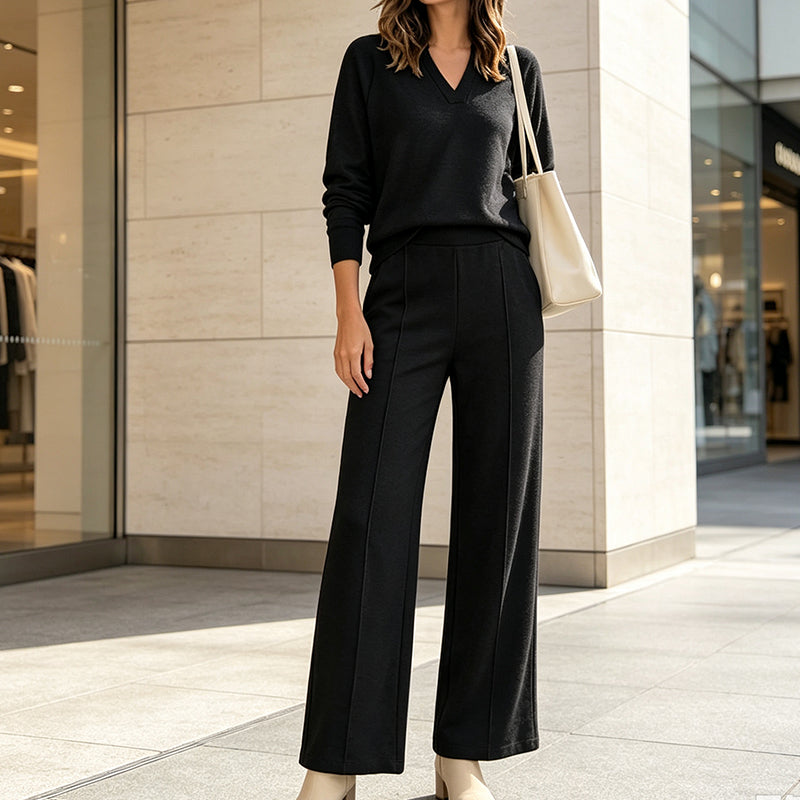 ✨Women's Casual V-Neck Top & Wide-Leg Pants