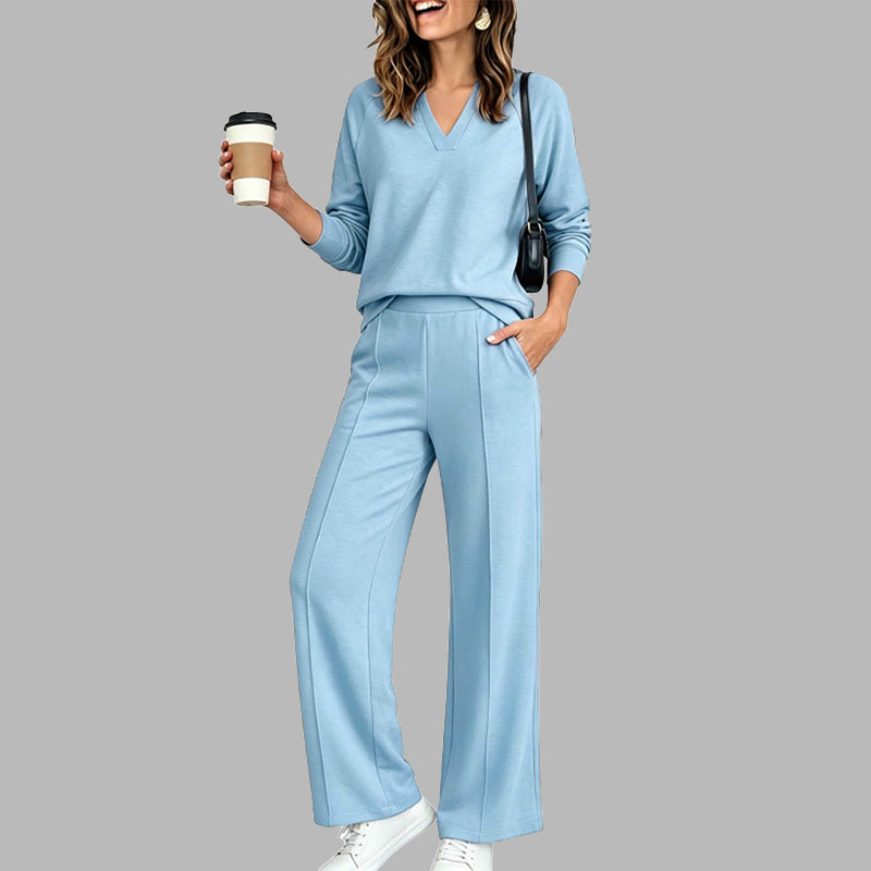 ✨Women's Casual V-Neck Top & Wide-Leg Pants