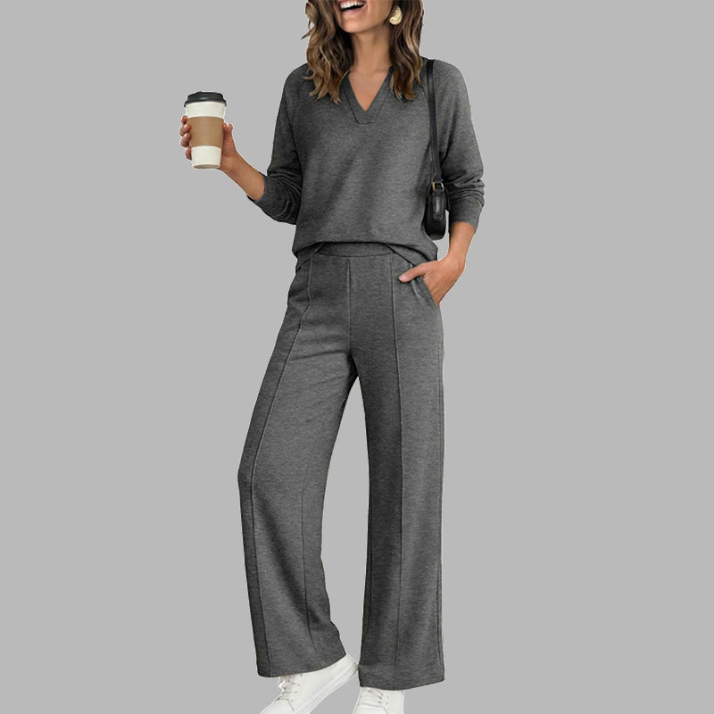 ✨Women's Casual V-Neck Top & Wide-Leg Pants