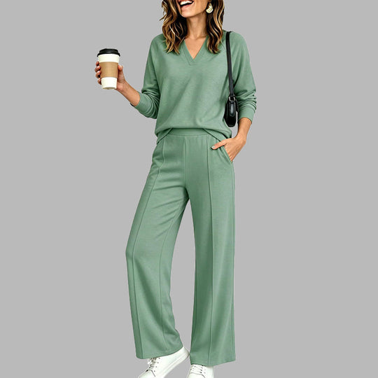 ✨Women's Casual V-Neck Top & Wide-Leg Pants