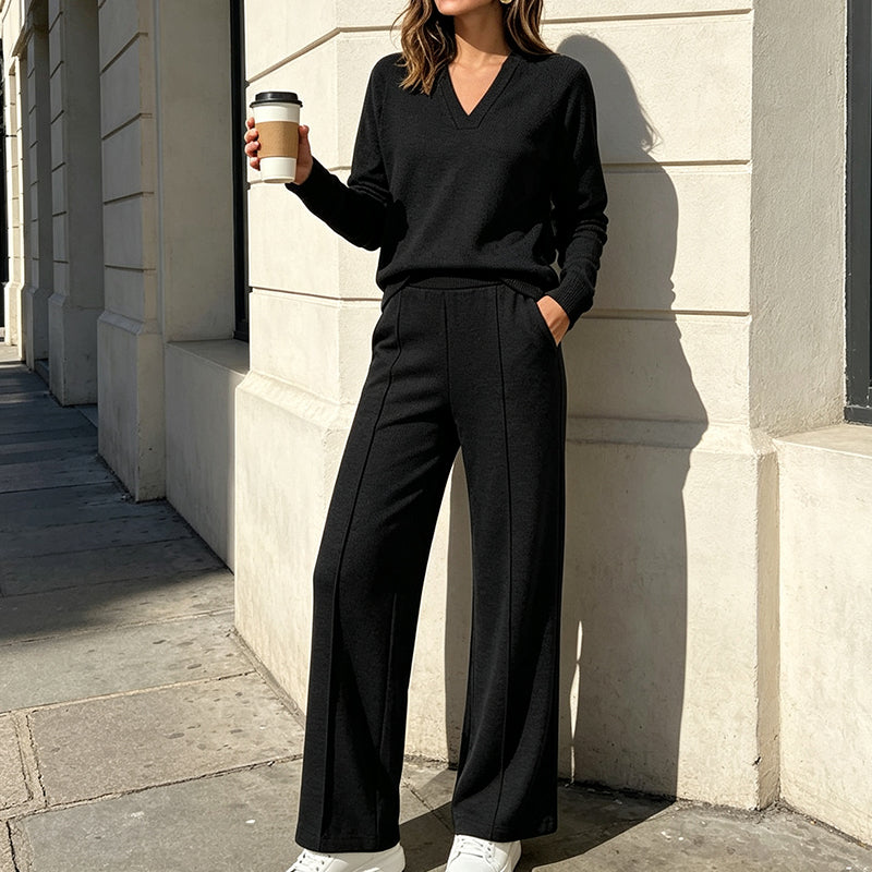 ✨Women's Casual V-Neck Top & Wide-Leg Pants