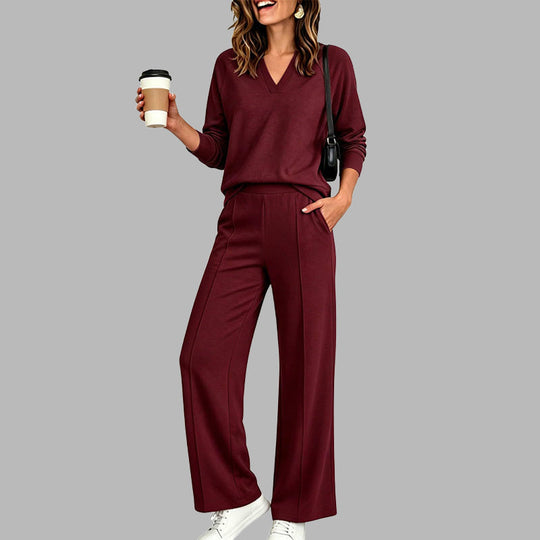 ✨Women's Casual V-Neck Top & Wide-Leg Pants