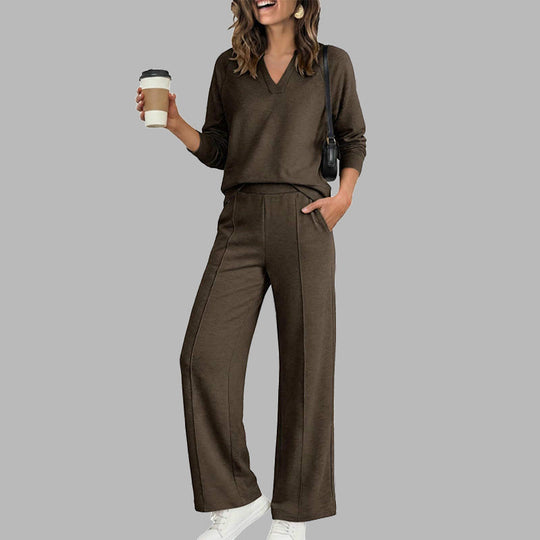 ✨Women's Casual V-Neck Top & Wide-Leg Pants