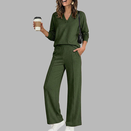 ✨Women's Casual V-Neck Top & Wide-Leg Pants